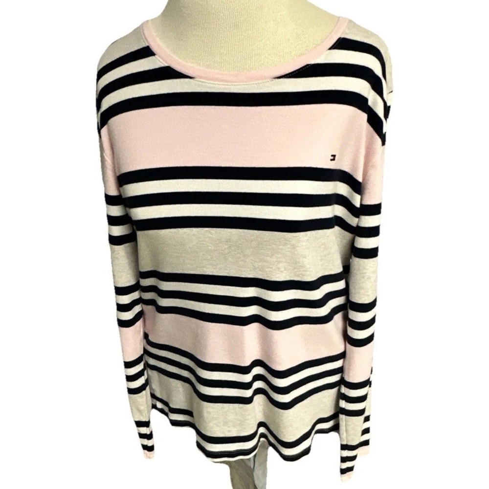 Tommy Hilfiger Women's Pink & White Stripped T-shirt Size XL 100% Cotton